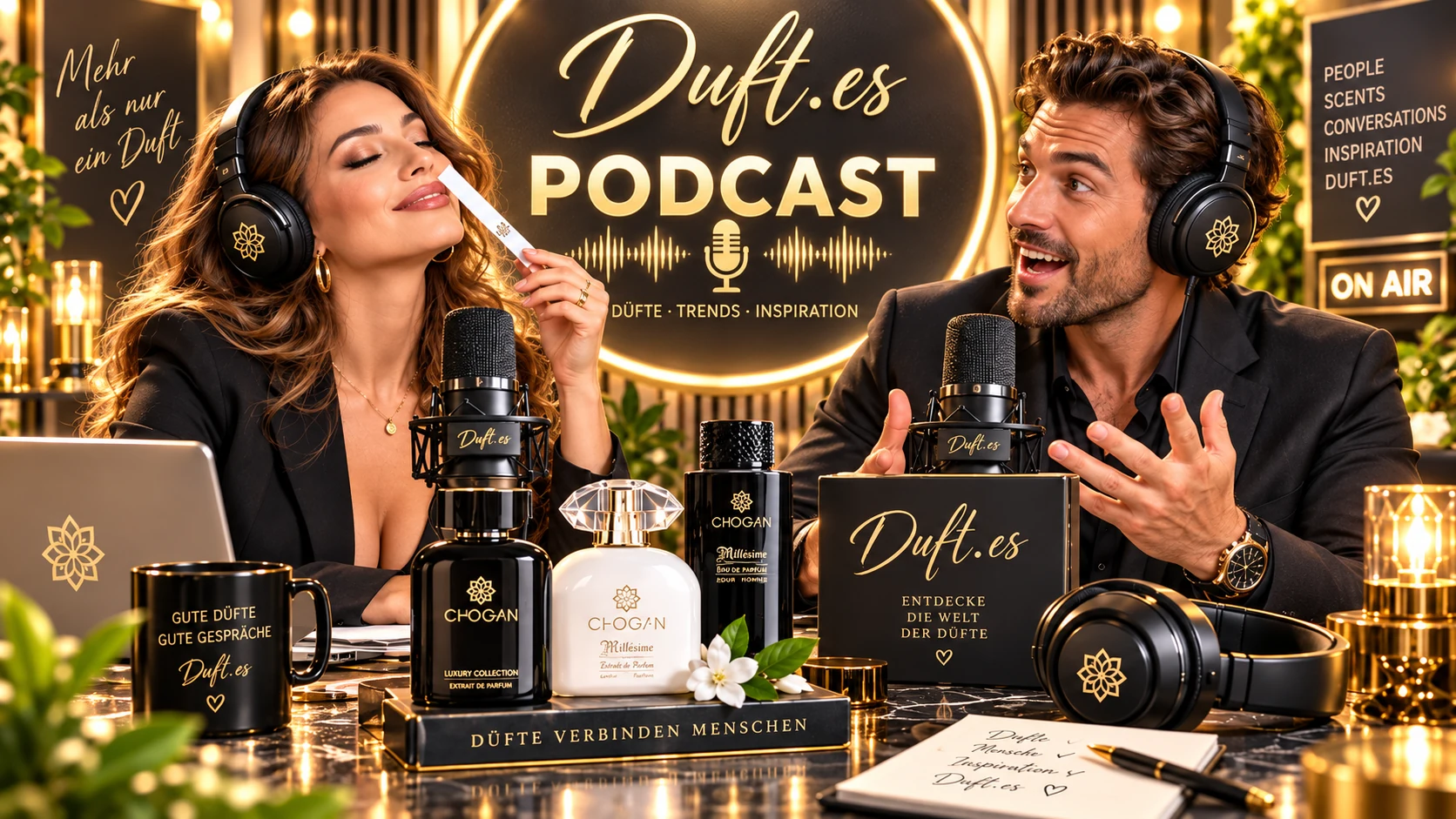DUFT.ES Podcast mit Frau und Mann im hellen Duft- und Podcast-Studio